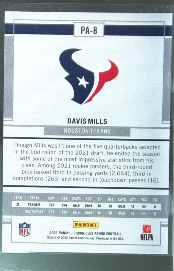 2021 Panini Chronicles Davis Mills RC #PA-8 Texans Panini - Image 3