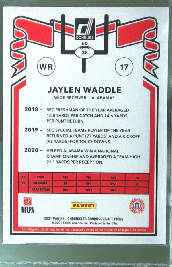 2021 Panini Chronicles Draft Picks Jaylen Waddle RC #38 Tide - Image 3