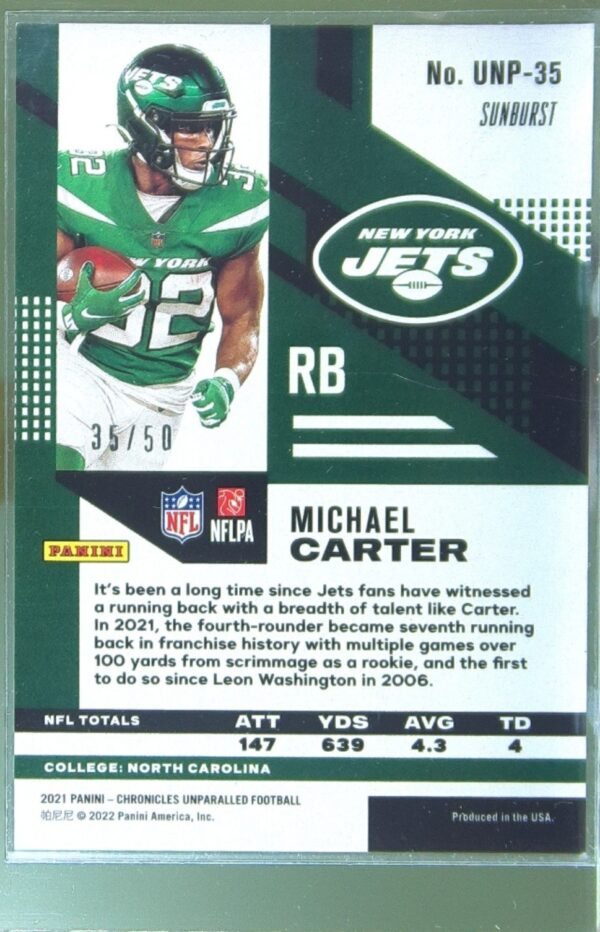 2021 Panini Chronicles Michael Carter /50 #UNP-35 Jets Unparalleled Sunburst - Image 3
