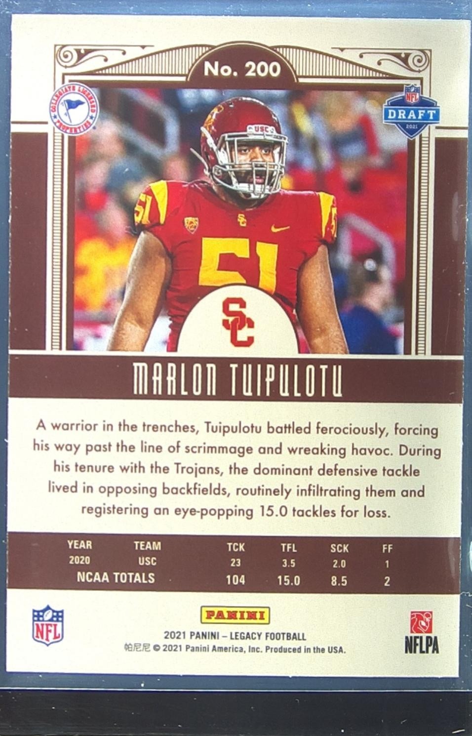 2021 Panini Legacy Marlon Tuipulotu RC #200 Trojans - Image 3