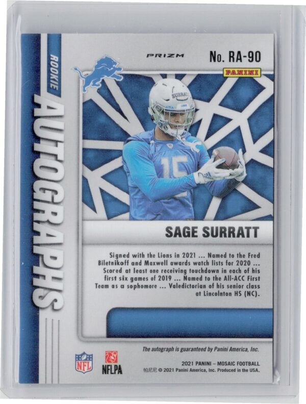 2021 Panini Mosaic Sage Surratt AU #RA-90 Lions Rookie Autographs Mosaic - Image 3