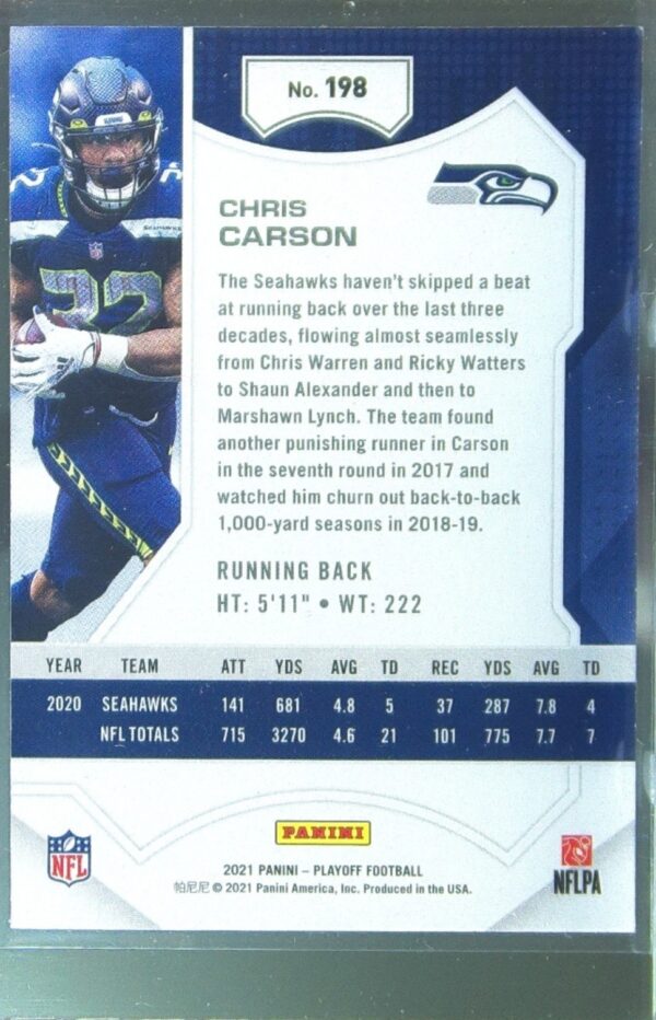 2021 Panini Playoff Chris Carson Kickoff #198 Seahawks - Image 3