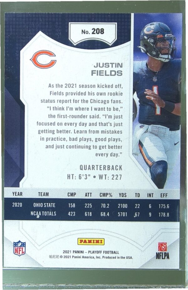2021 Panini Playoff Justin Fields RC #208 Bears - Image 3