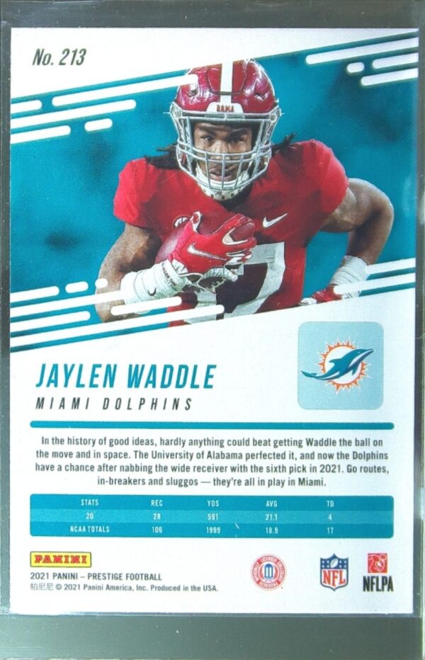 2021 Panini Prestige Jaylen Waddle RC #213 Dolphins - Image 3