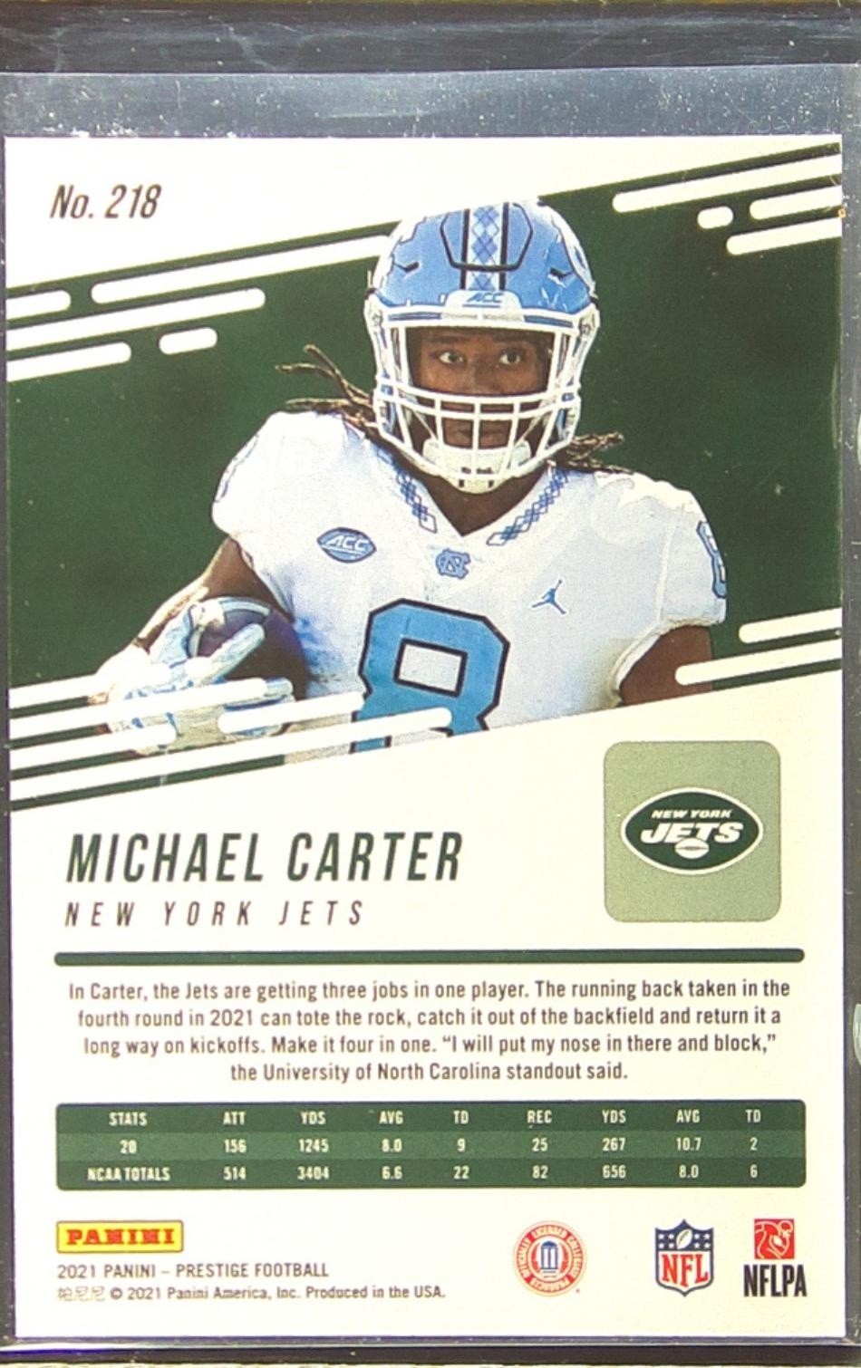 2021 Prestige Michael Carter RC Xtra Points Gold /99 #218 Jets - Image 3