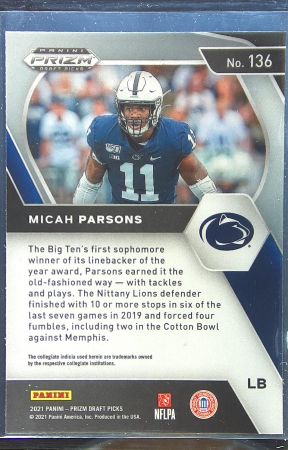 2021 Prizm Draft Picks Micah Parsons RC #136 Lions - Image 3