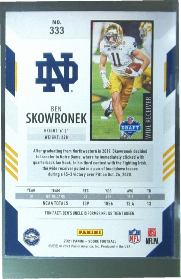 2021 Score Ben Skowronek RC #333 Irish - Image 3