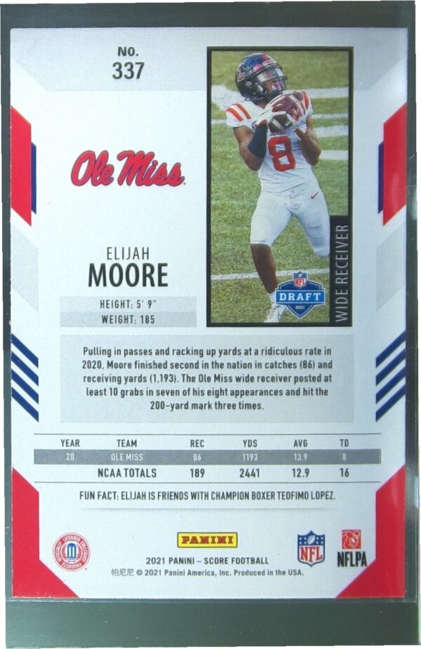 2021 Score Elijah Moore RC #337 Rebels - Image 3
