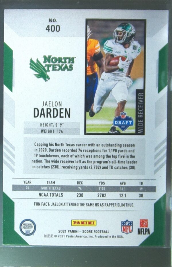 2021 Score Jaelon Darden RC #400 Green - Image 3