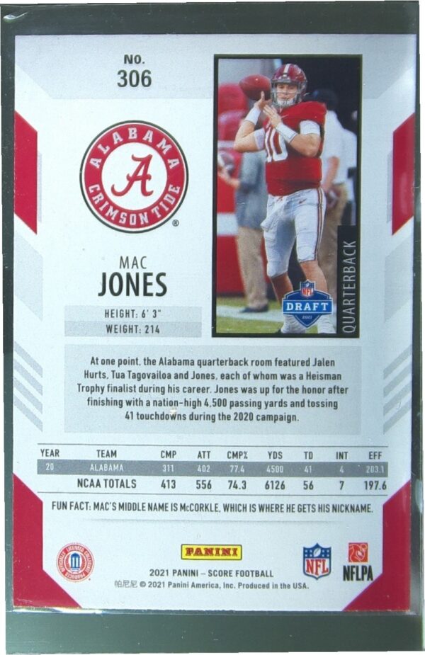 2021 Score Mac Jones RC #306 Tide - Image 3