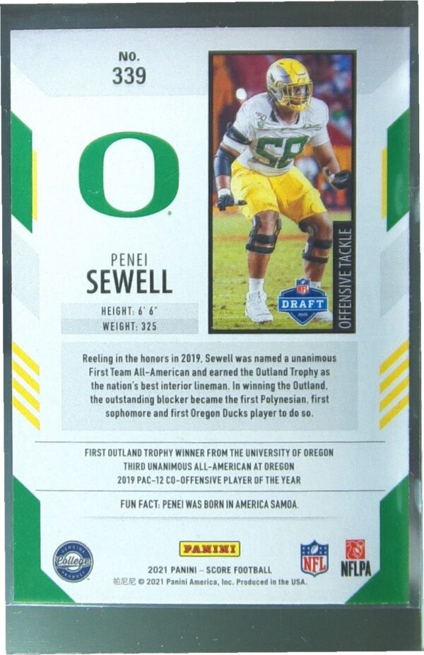 2021 Score Penei Sewell RC #339 Ducks - Image 3