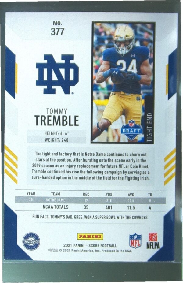 2021 Score Tommy Tremble RC #377 Irish - Image 3