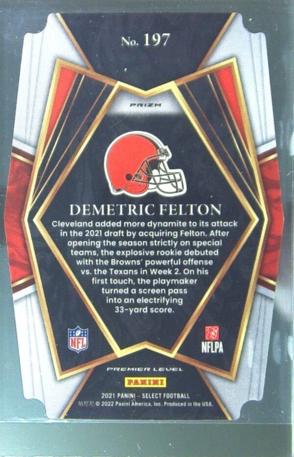 2021 Select Demetric Felton Green and Yellow Prizm Die Cut RC #197 Browns - Image 3
