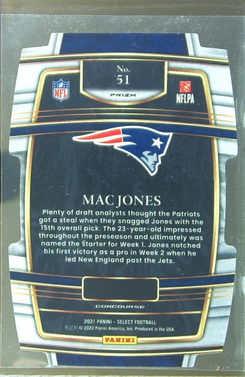 2021 Select Mac Jones Green and Yellow Prizm Die Cut RC #51 Patriots - Image 3