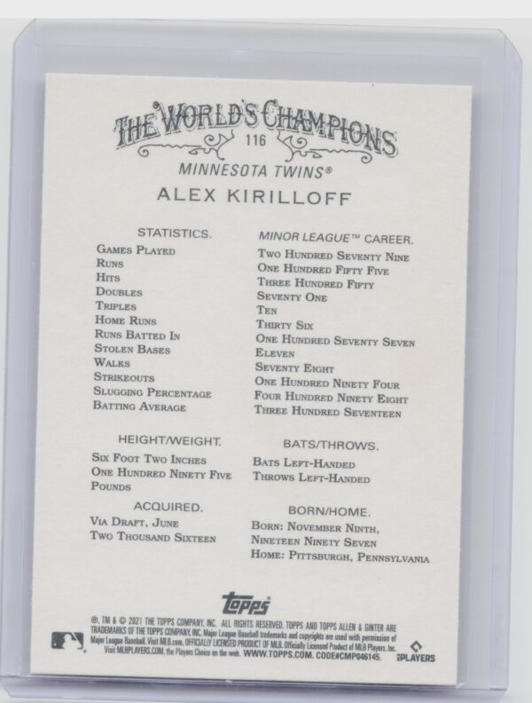 2021 Topps Allen & Ginter Alex Kirilloff RC #116 Twins - Image 3