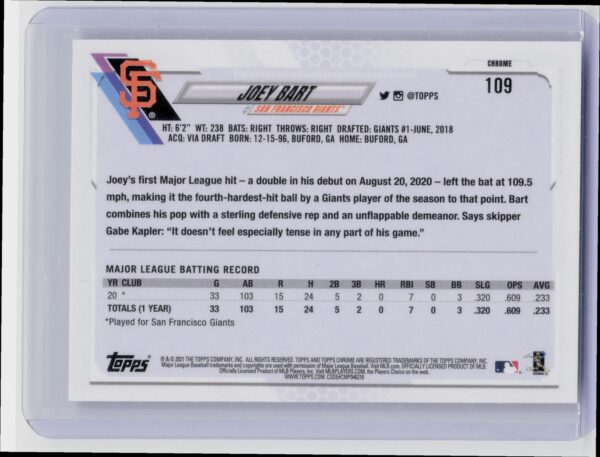2021 Topps Chrome Ben Baller Edition Joey Bart #109 Giants - Image 3