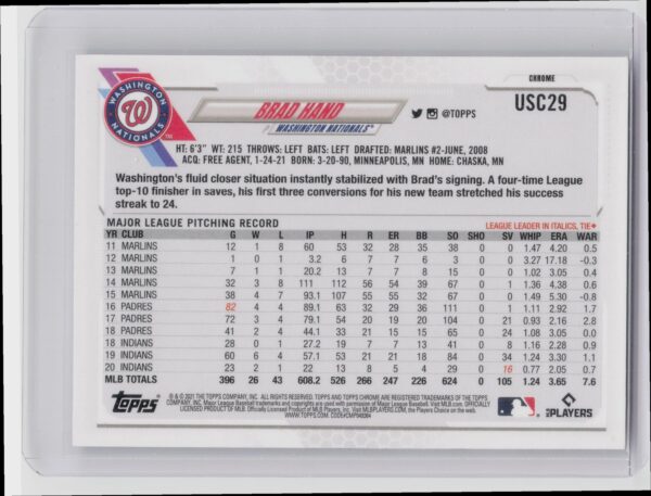 2021 Topps Chrome Update Brad Hand Purple Refractor #USC29 Nationals - Image 3
