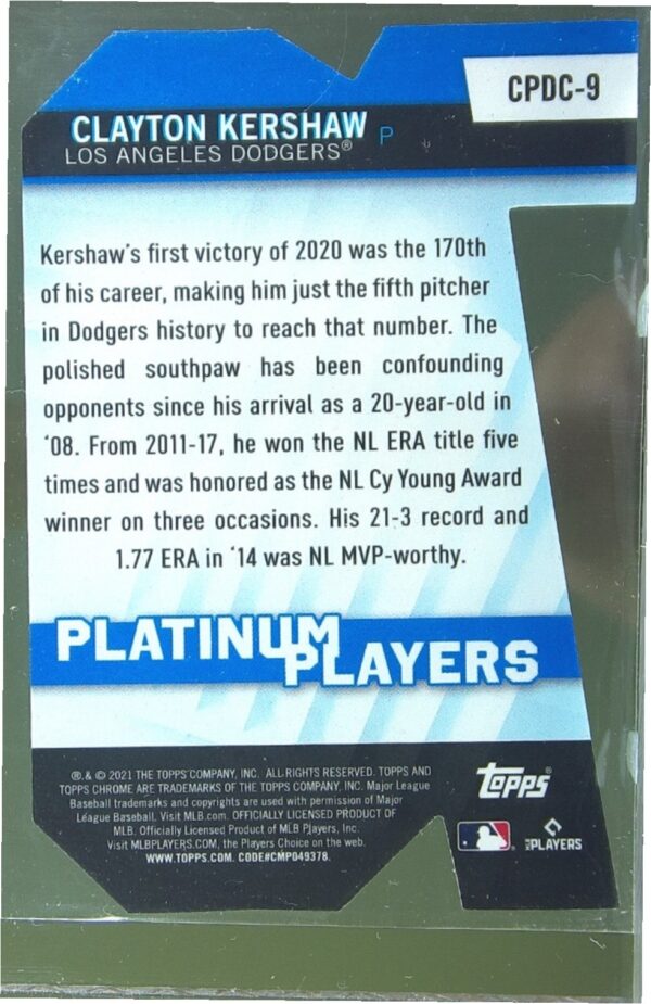 2021 Topps Chrome Update Clayton Kershaw #CPDC-9 Dodgers Platinum Player Die Cut - Image 3