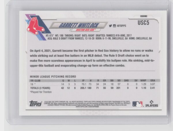 2021 Topps Chrome Update Garrett Whitlock Purple Refractor #USC5 Sox - Image 3