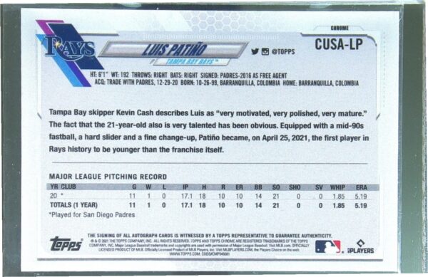 2021 Topps Chrome Update Luis Patino Auto RC #CUSA-LP Rays Autographs - Image 3