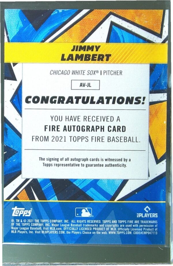 2021 Topps Fire Jimmy Lambert Auto RC #AV-JL Sox Autographs - Image 3