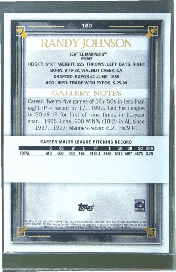 2021 Topps Gallery Randy Johnson Printer Proof #160 Mariners - Image 3