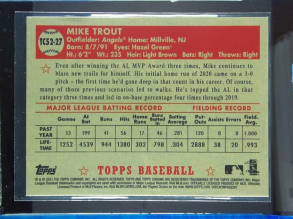 2021 Topps Mike Trout #TC52-27 Angels 1952 Topps Redux Chrome - Image 3