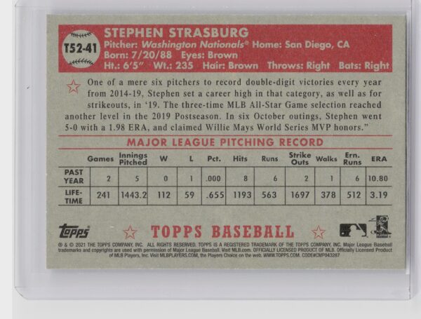 2021 Topps Stephen Strasburg 1952 Topps Redux #T52-41 Nationals - Image 3