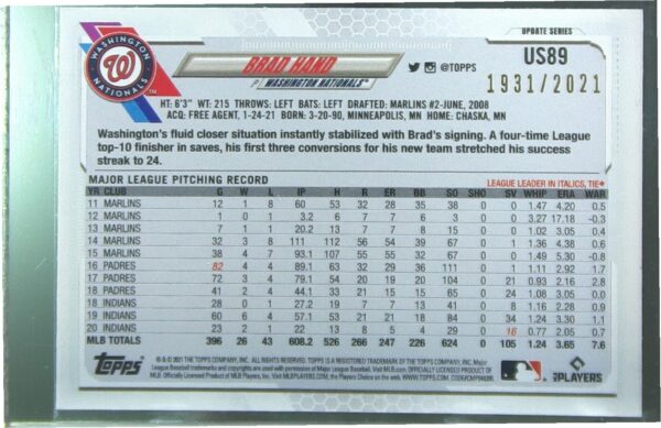 2021 Topps Update Brad Hand Gold /2021 #US89 Nationals - Image 3