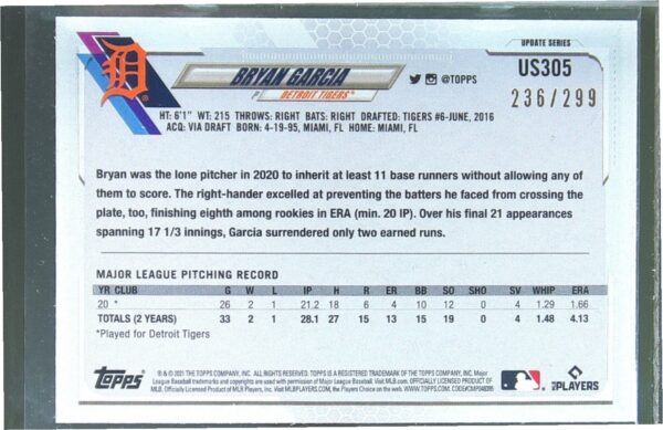 2021 Topps Update Bryan Garcia Orange Foilboard /299 #US305 Tigers - Image 3