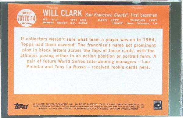 2021 Topps Will Clark #70YTC-14 Giants 70 Years of Topps Baseball Chrome - Image 3