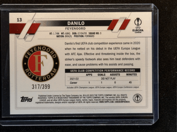 2022-23 Topps Chrome UEFA Danilo Aqua Refractor /399 Feyenoord #13 - Image 3