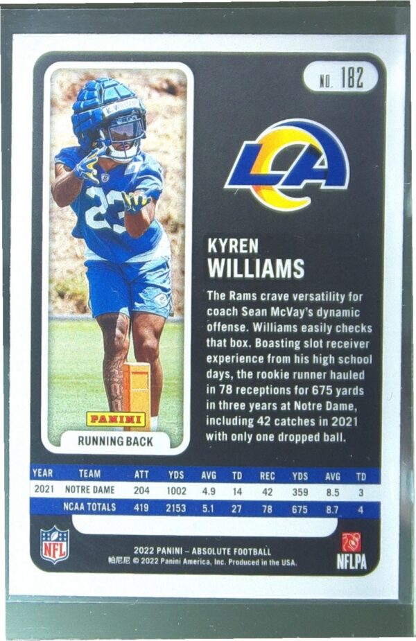 2022 Absolute Kyren Williams Retail RC #182 Rams - Image 3