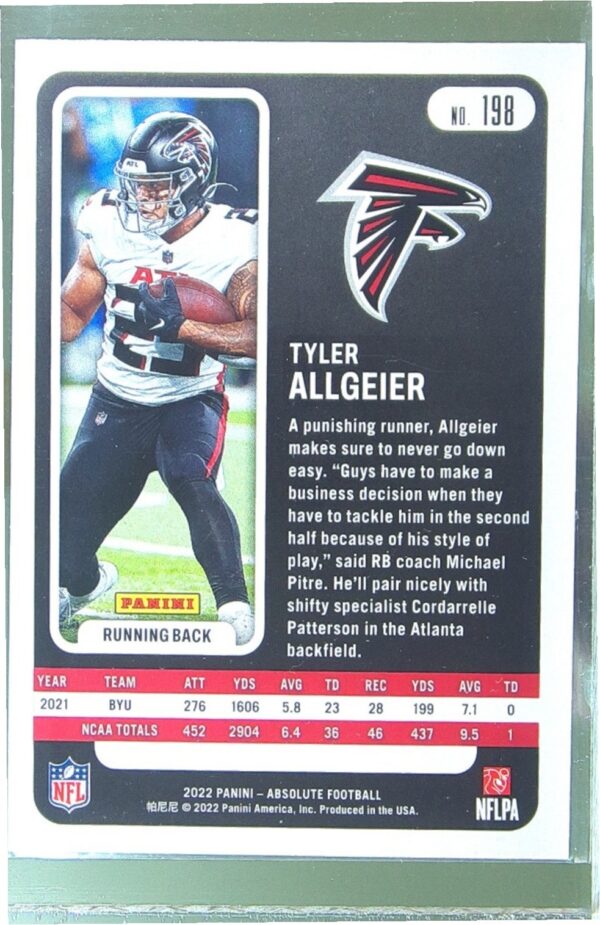 2022 Absolute Tyler Allgeier Retail RC #198 Falcons - Image 3