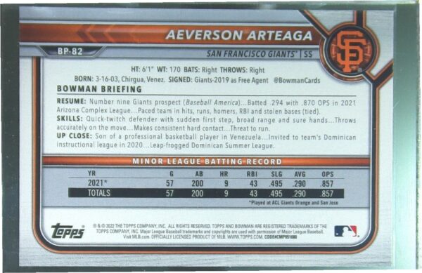 2022 Bowman Aeverson Arteaga /250 #BP-82 Giants Prospects Purple - Image 3