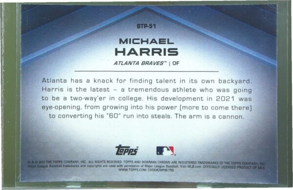 2022 Bowman Chrome Michael Harris #BTP-51 Braves Bowman Scouts' Top 100 - Image 3