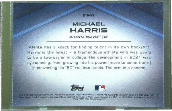 2022 Bowman Chrome Michael Harris #BTP-51 Braves Bowman Scouts' Top 100 - Image 3