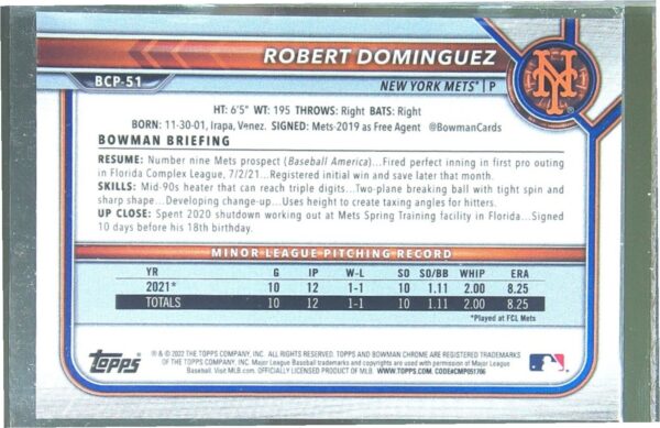 2022 Bowman Chrome Robert Dominguez /399 #BCP-51 Mets Chrome Prospects Lava - Image 3