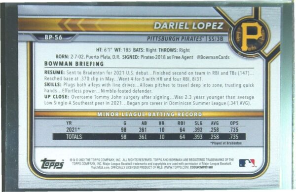 2022 Bowman Dariel Lopez /125 #BP-56 Pirates Prospects Blue Pattern - Image 3