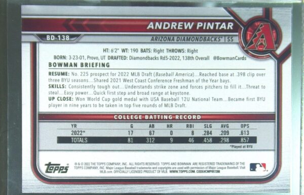 2022 Bowman Draft Andrew Pintar Sky Blue /499 #BD-138 Diamondbacks - Image 3