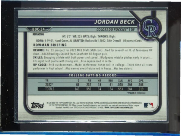 2022 Bowman Draft Jordan Beck Chrome Refractor #BDC-34 Rockies - Image 3