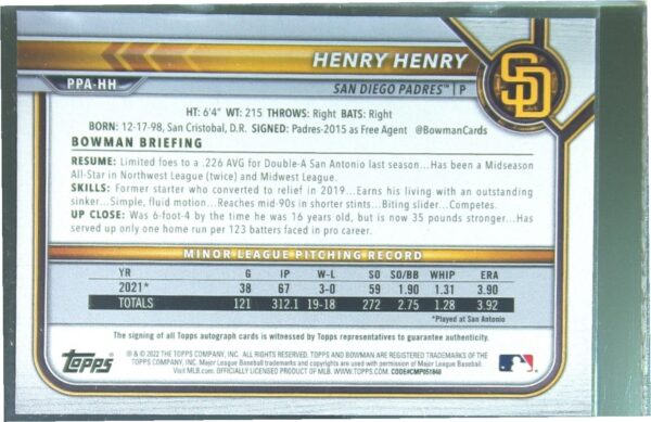 2022 Bowman Henry Henry Auto #PPA-HH Padres Prospects Autographs - Image 3