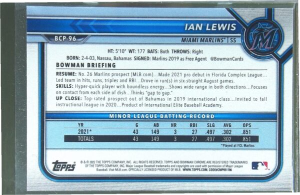 2022 Bowman Ian Lewis /250 #BCP-96 Marlins Chrome Prospects Purple Refractor - Image 3