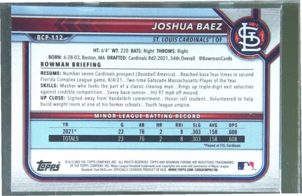 2022 Bowman Joshua Baez /250 #BCP-112 Cardinal Chrome Prospects Purple Refractor - Image 3