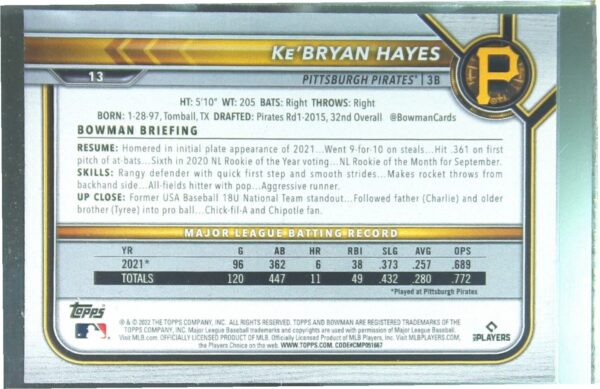 2022 Bowman Ke'Bryan Hayes Green /99 #13 Pirates - Image 3