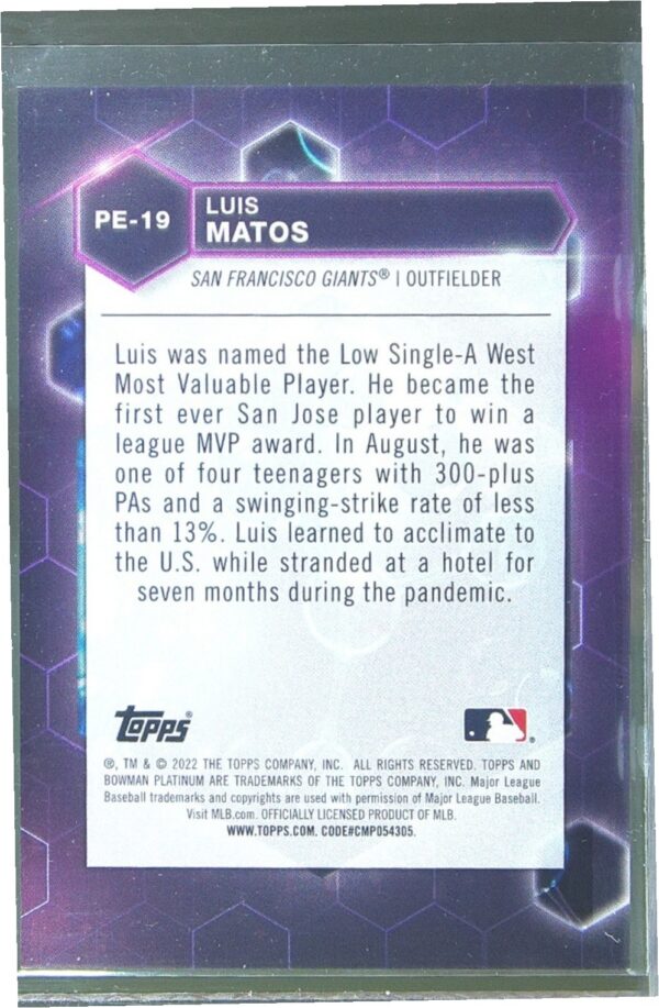 2022 Bowman Platinum Luis Matos /250 #PE-19 Giants Precious Elements Purple - Image 3