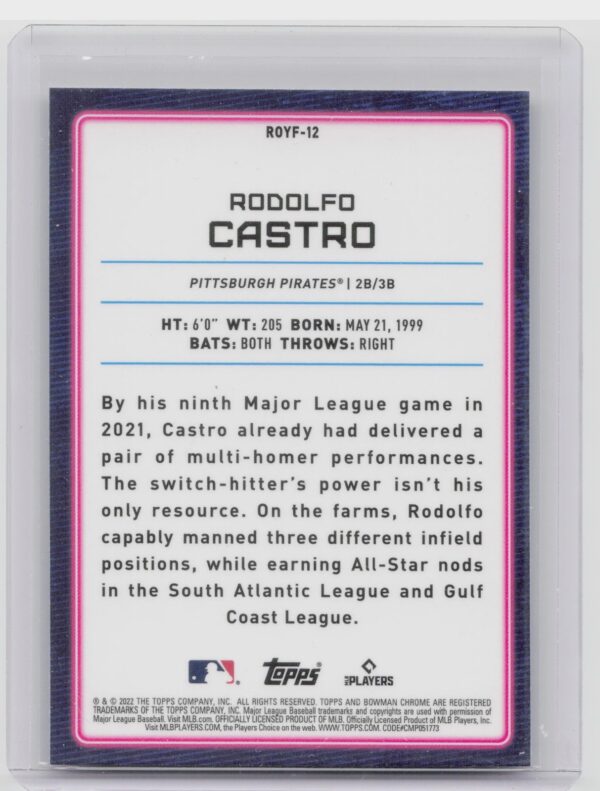 2022 Bowman Rodolfo Castro #ROYF-12 Pirates Rookie of the Year Favorites - Image 3