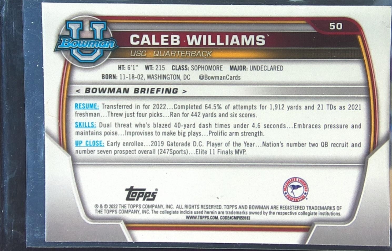 2022 Bowman University Chrome Caleb Williams Pink Refractor #50 Trojans - Image 3