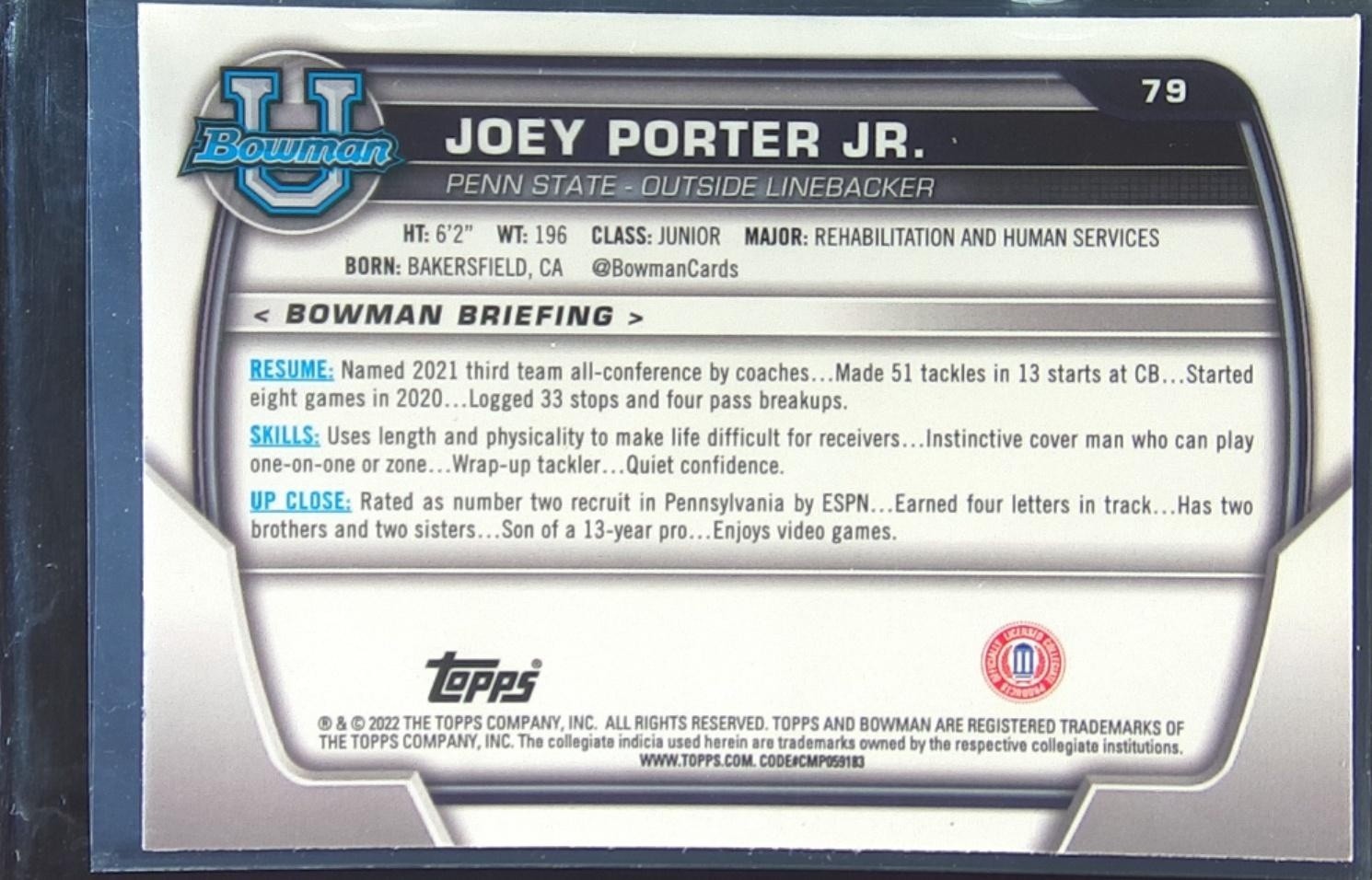 2022 Bowman University Chrome Joey Porter Jr. Pink Refractor #79 Lions First - Image 3