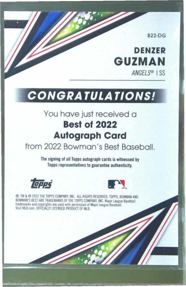 2022 Bowman's Best Denzer Guzman Auto /50 #B22-DG Angels Best of 2022 Autographs - Image 3